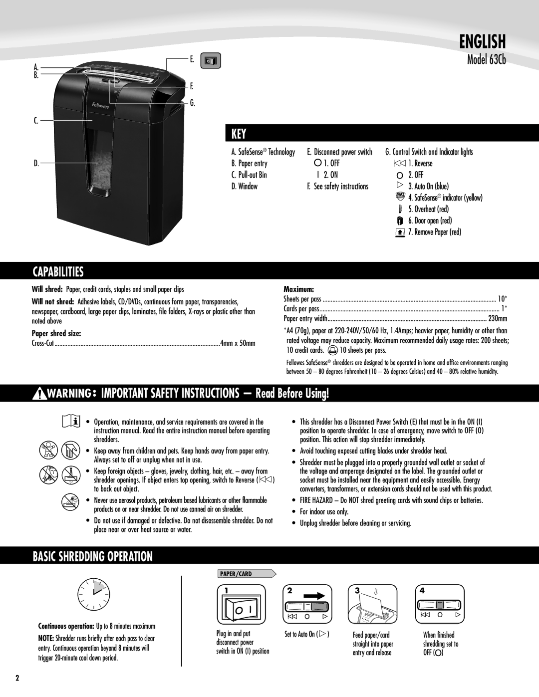 Fellowes 63cb manual Capabilities, Key, IMPORTANT SAFETY INSTRUCTIONS Read Before Using, Paper shred size, Maximum 