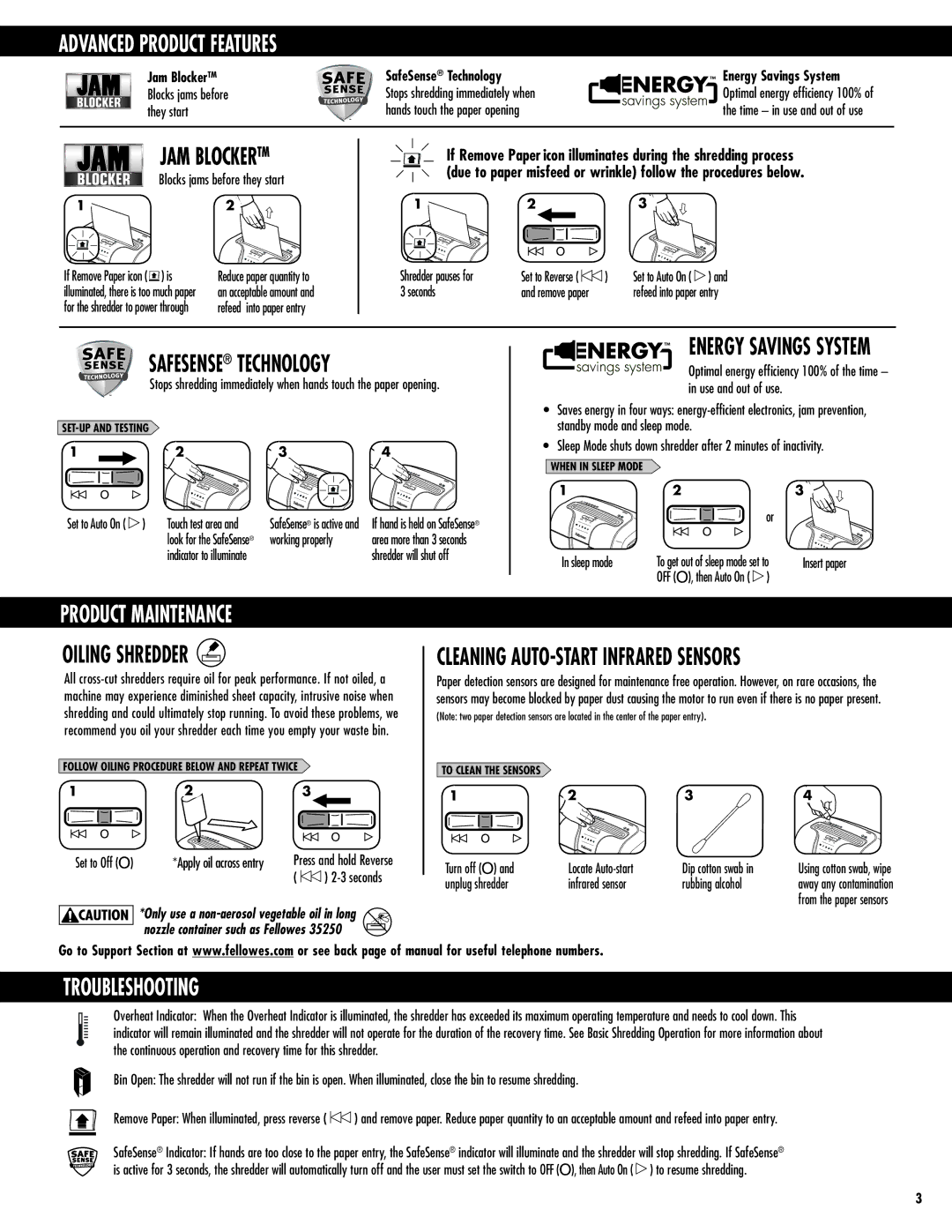 Fellowes 63cb manual Advanced product features, Product Maintenance, Troubleshooting 