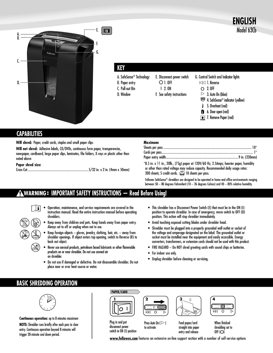 Fellowes 63cb manual Capabilities, Key 