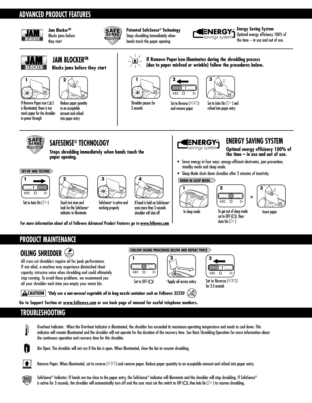 Fellowes 63cb manual Advanced Product Features, Product Maintenance, Troubleshooting 