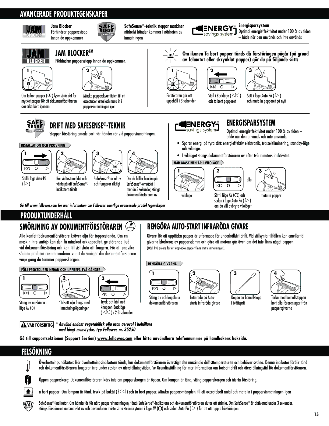 Fellowes 63cb manual Avancerade Produktegenskaper, Energisparsystem, Produktunderhåll, Rengöra AUTO-START Infraröda Givare 