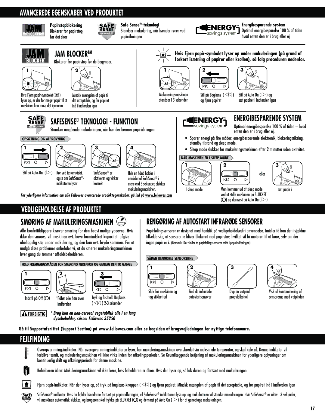 Fellowes 63cb manual Avancerede Egenskaber VED Produktet, Fejlfinding, Safesense Teknologi Funktion 