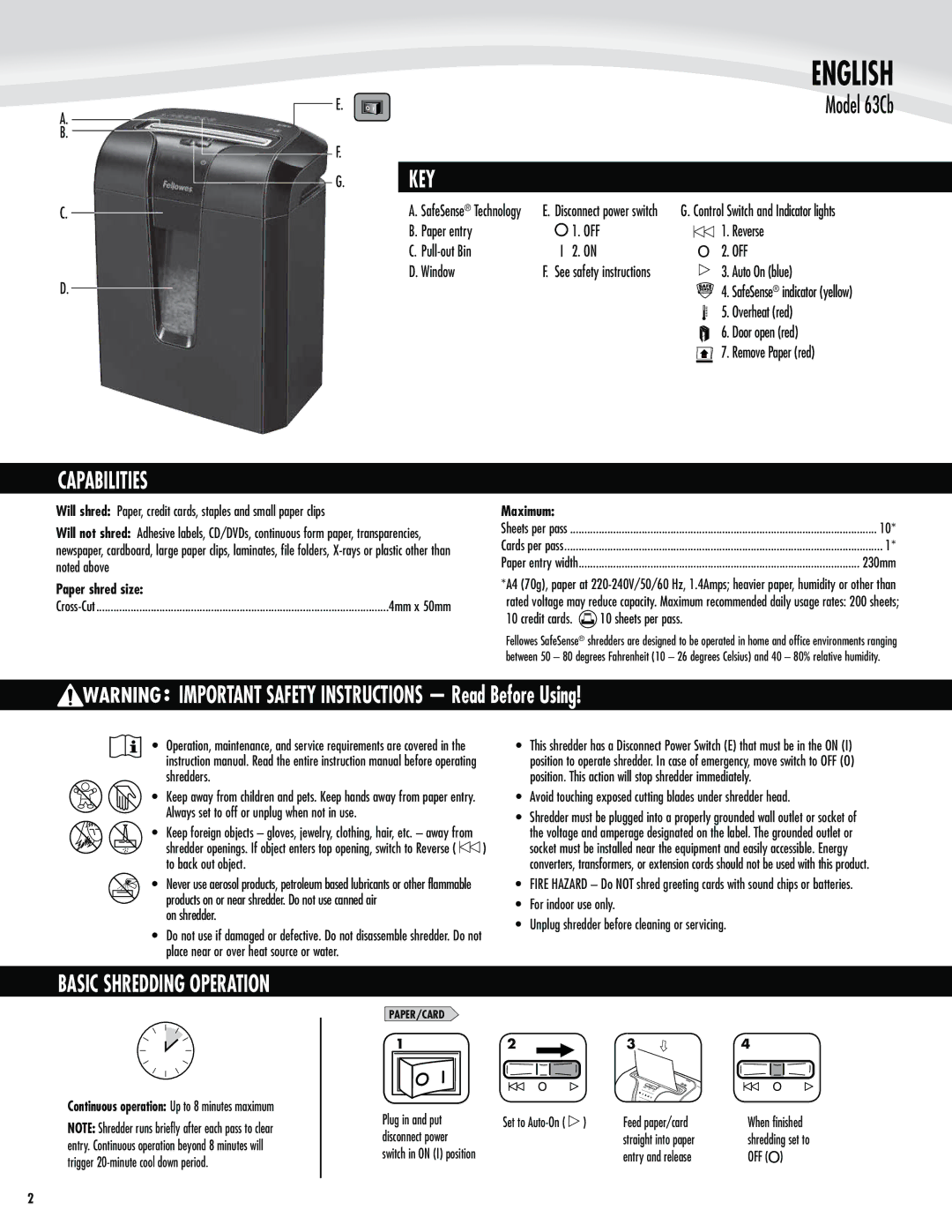 Fellowes 63cb manual English, Model 63Cb, Key, Capabilities, Off 