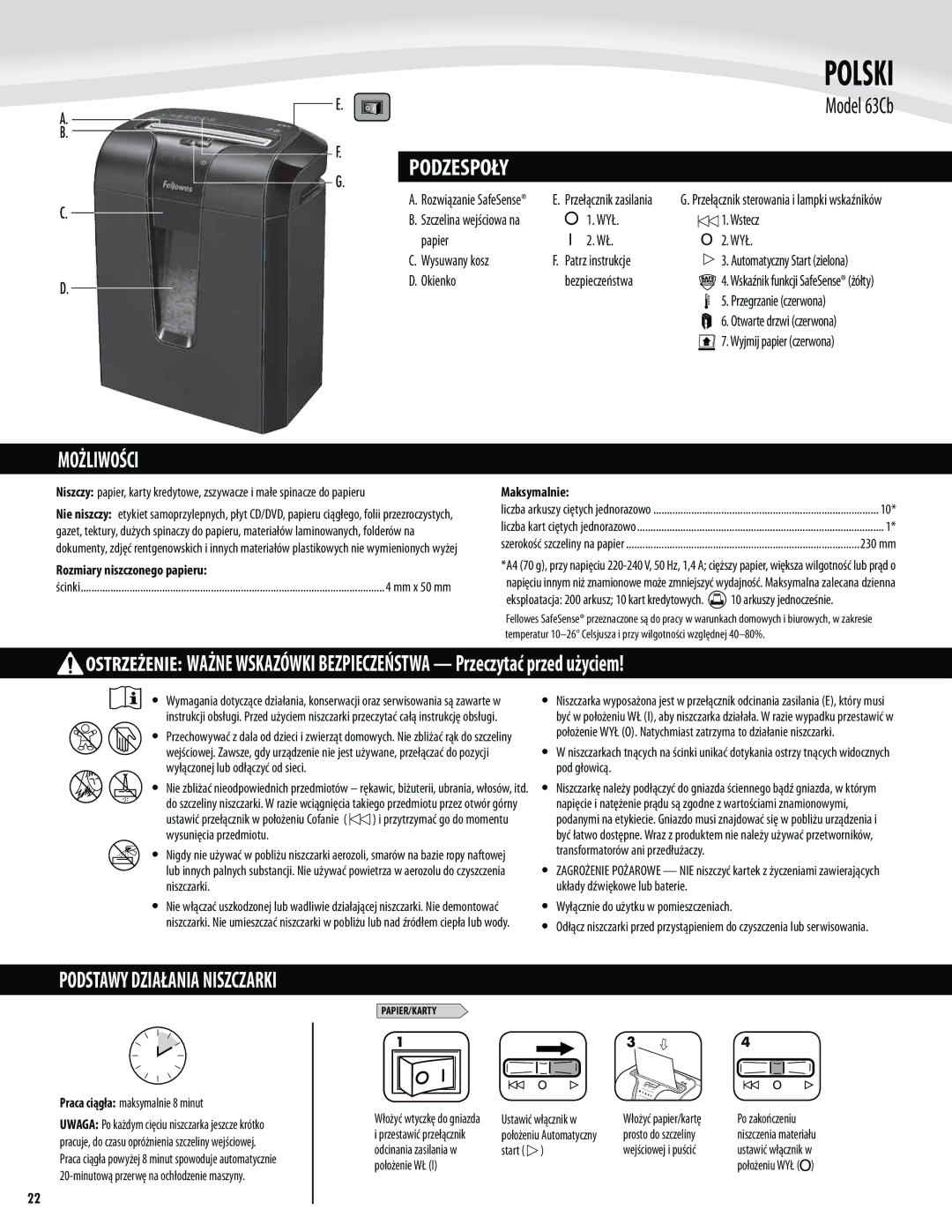 Fellowes 63cb manual Polski, Możliwości, Rozmiary niszczonego papieru, Maksymalnie 