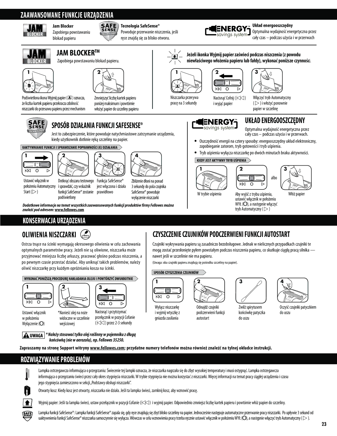 Fellowes 63cb manual Zaawansowane Funkcje Urządzenia, Konserwacja Urządzenia, Oliwienia Niszczarki, Rozwiązywanie Problemów 