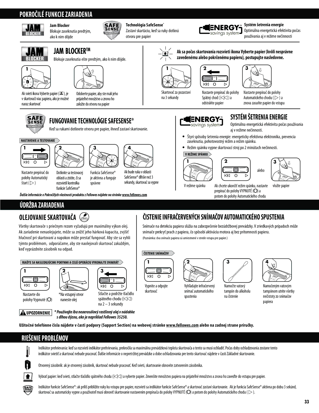 Fellowes 63cb manual Údržba Zariadenia, Olejovanie Skartovača, Riešenie Problémov 