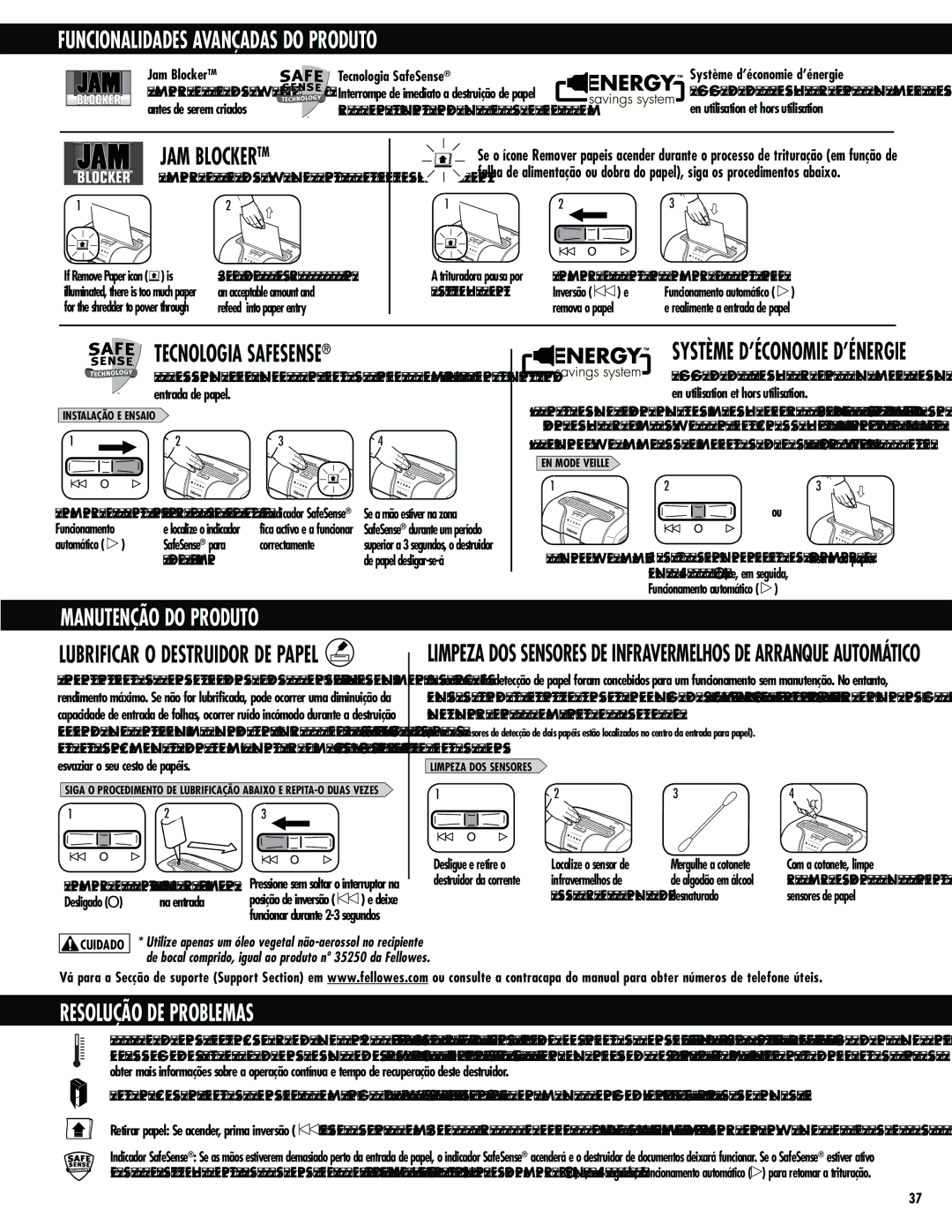 Fellowes 63cb manual Manutenção do Produto, Resolução DE Problemas, Système D’ÉCONOMIE D’ÉNERGIE 