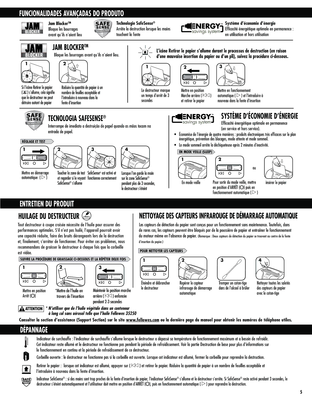 Fellowes 63cb Funcionalidades Avançadas do Produto, Tecnologia Safesense, Entretien DU Produit, Huilage DU Destructeur 