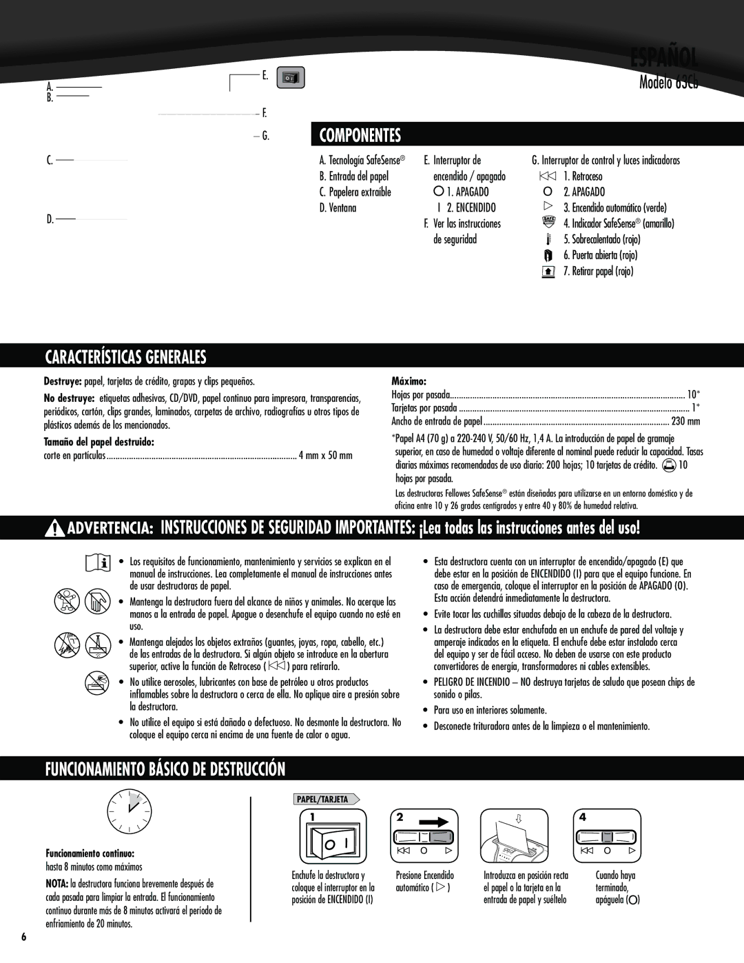 Fellowes 63cb manual Español, Modelo 63Cb, Funcionamiento Básico DE Destrucción 