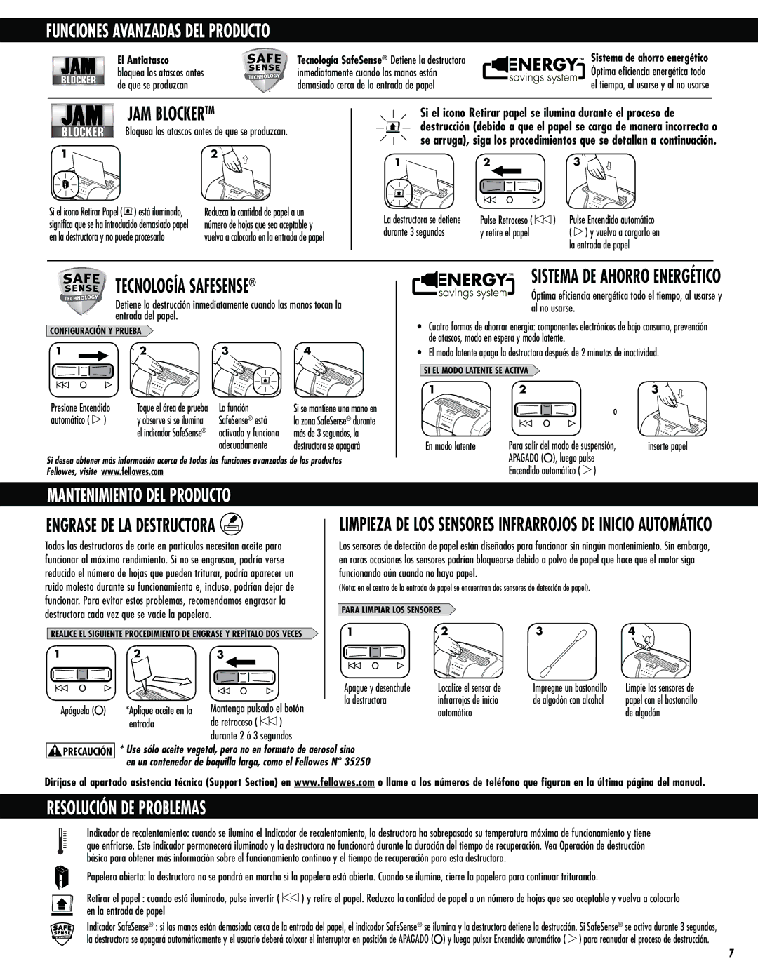 Fellowes 63cb Funciones Avanzadas DEL Producto, Tecnología Safesense, Resolución DE Problemas, Engrase DE LA Destructora 