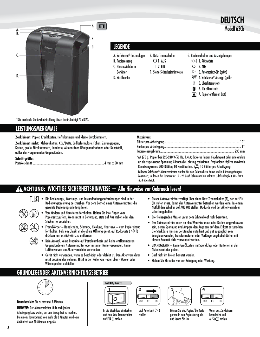 Fellowes 63cb manual Deutsch, Modell 63Cb, Leistungsmerkmale, Grundlegender Aktenvernichtungsbetrieb 