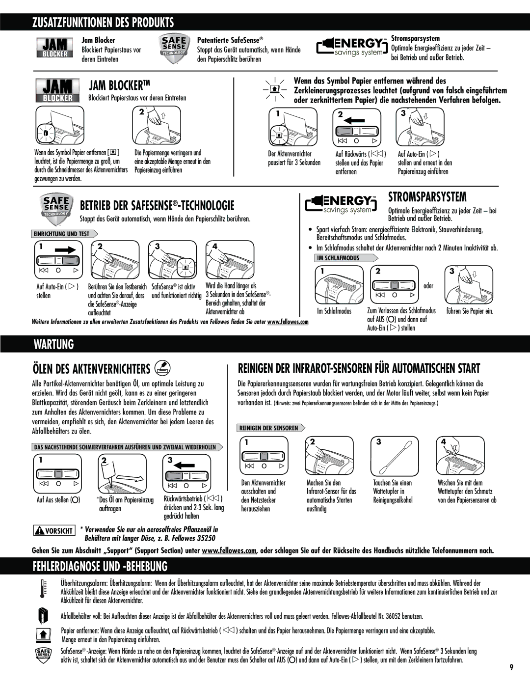 Fellowes 63cb manual Zusatzfunktionen DES Produkts, Stromsparsystem, Wartung, Fehlerdiagnose UND -BEHEBUNG 