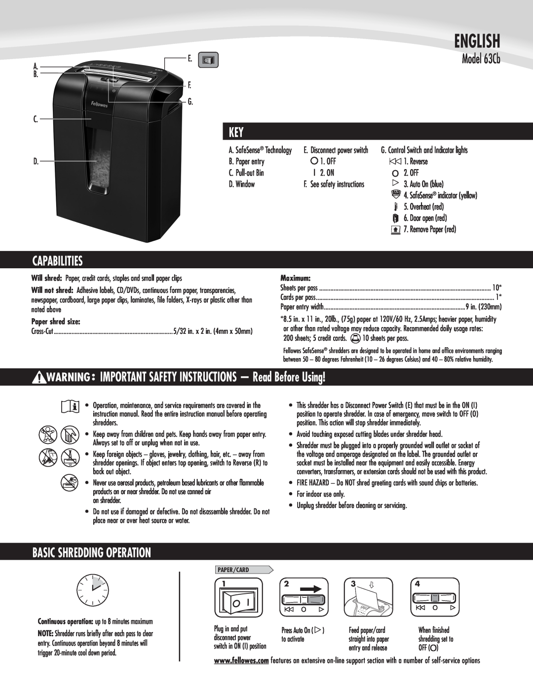 Fellowes 63cb manual Capabilities, IMPORTANT SAFETY INSTRUCTIONS - Read Before Using, English, Model 63Cb 
