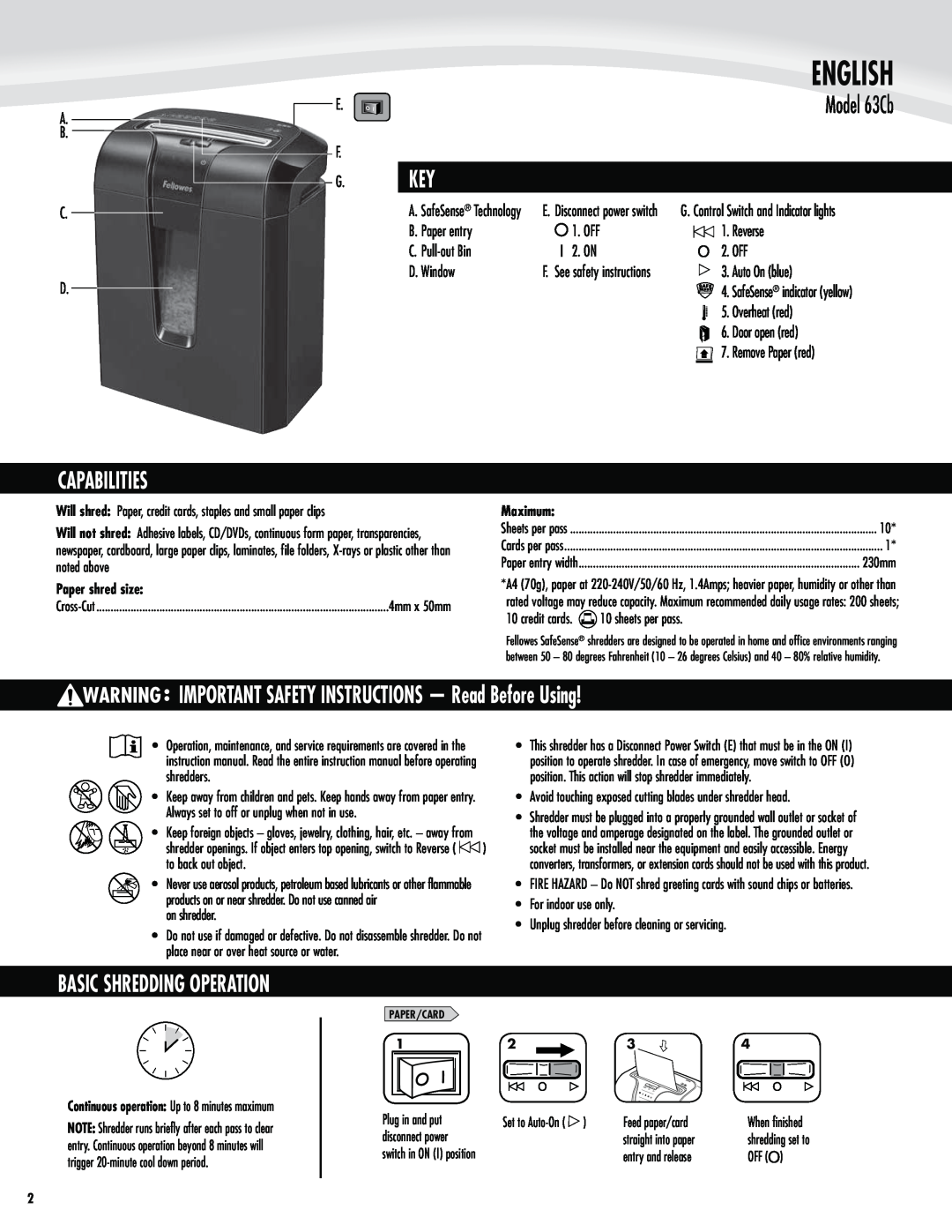 Fellowes 63cb manual English, Model 63Cb, Capabilities, IMPORTANT SAFETY INSTRUCTIONS - Read Before Using 