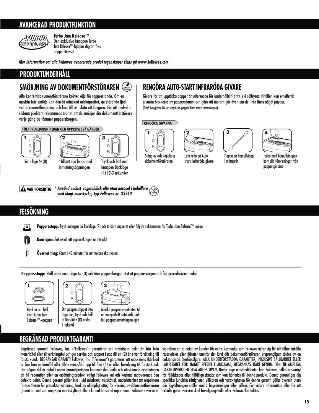 Fellowes 72Ct manual Avancerad Produktfunktion, Produktunderhåll, Rengöra AUTO-START Infraröda Givare, Felsökning 