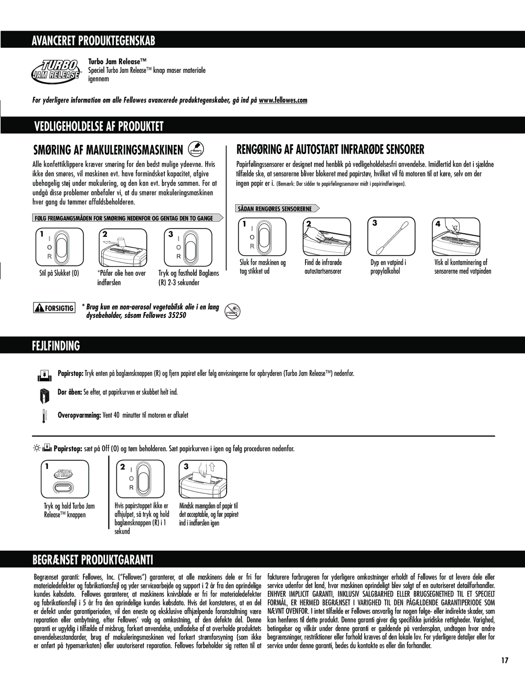 Fellowes 72Ct Avanceret Produktegenskab, Fejlfinding, Begrænset Produktgaranti, Rengøring AF Autostart Infrarøde Sensorer 