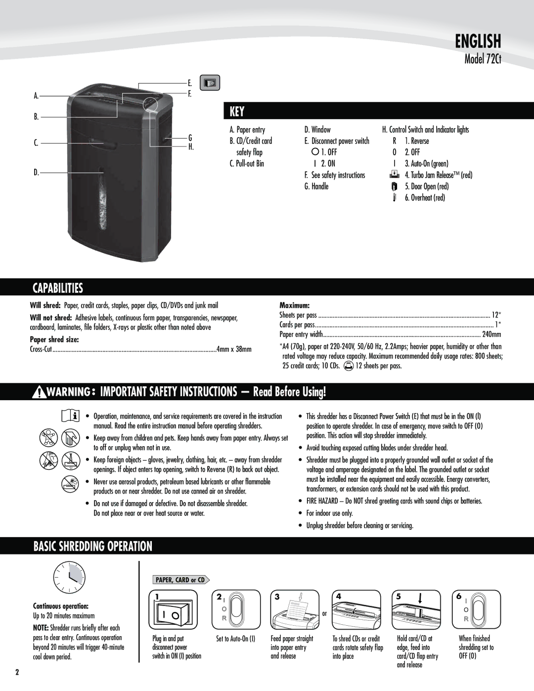 Fellowes 72Ct manual English, Capabilities, Key, Basic Shredding Operation 