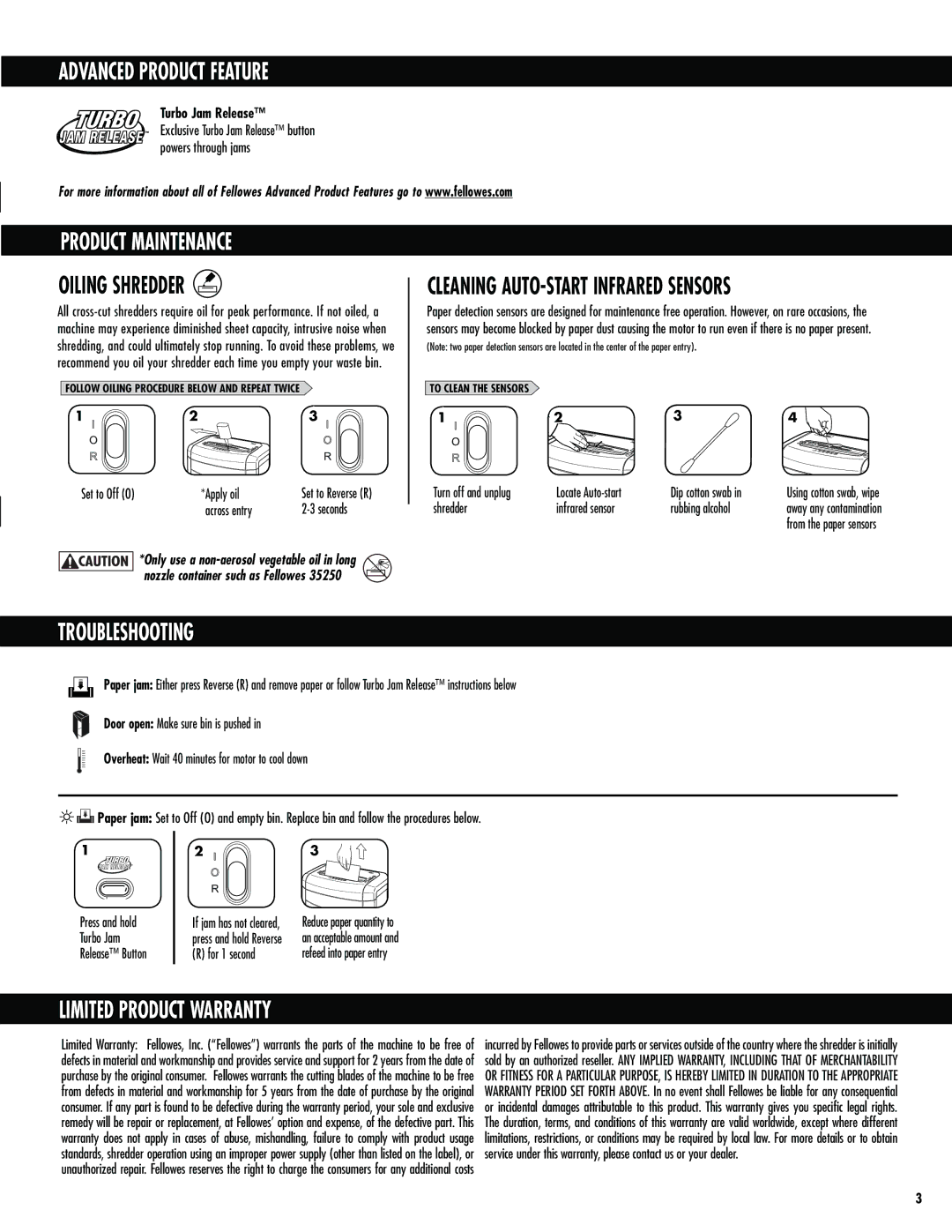 Fellowes 72Ct manual Advanced Product Feature, Product Maintenance, Troubleshooting, Limited Product Warranty 