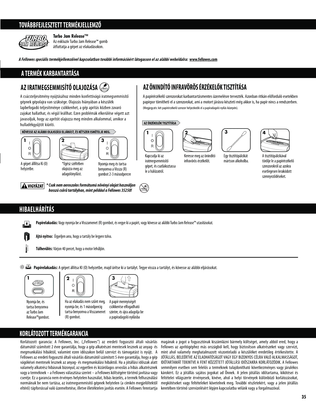 Fellowes 72Ct manual Továbbfejlesztett Termékjellemző, Termék Karbantartása, Hibaelhárítás, Korlátozott Termékgarancia 