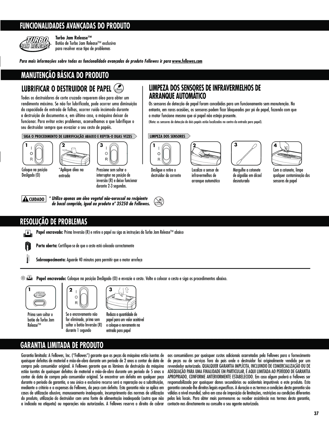 Fellowes 72Ct manual Funcionalidades Avançadas do Produto, Resolução DE Problemas, Garantia Limitada DE Produto 