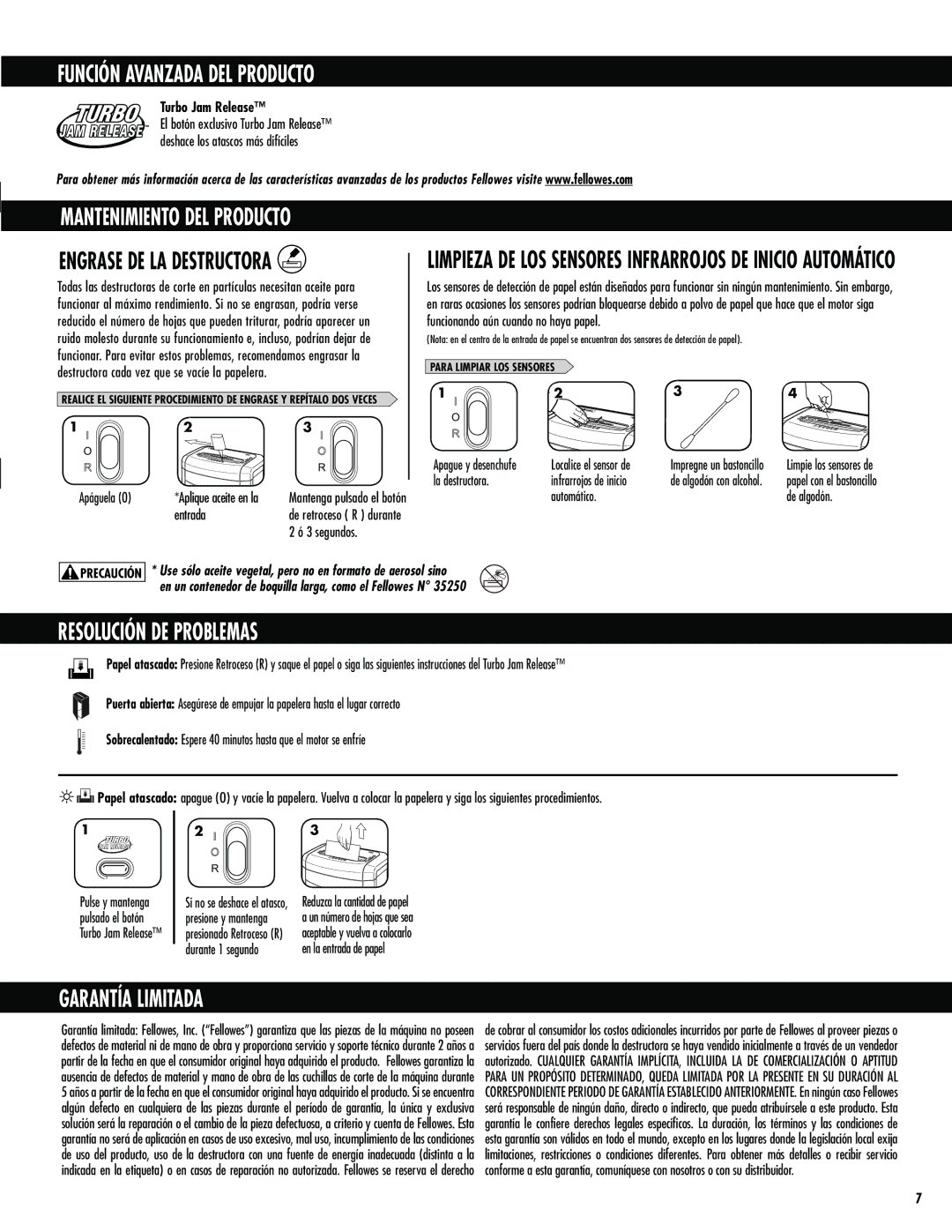 Fellowes 72Ct manual Función Avanzada DEL Producto, Resolución DE Problemas, Garantía Limitada, Engrase DE LA Destructora 