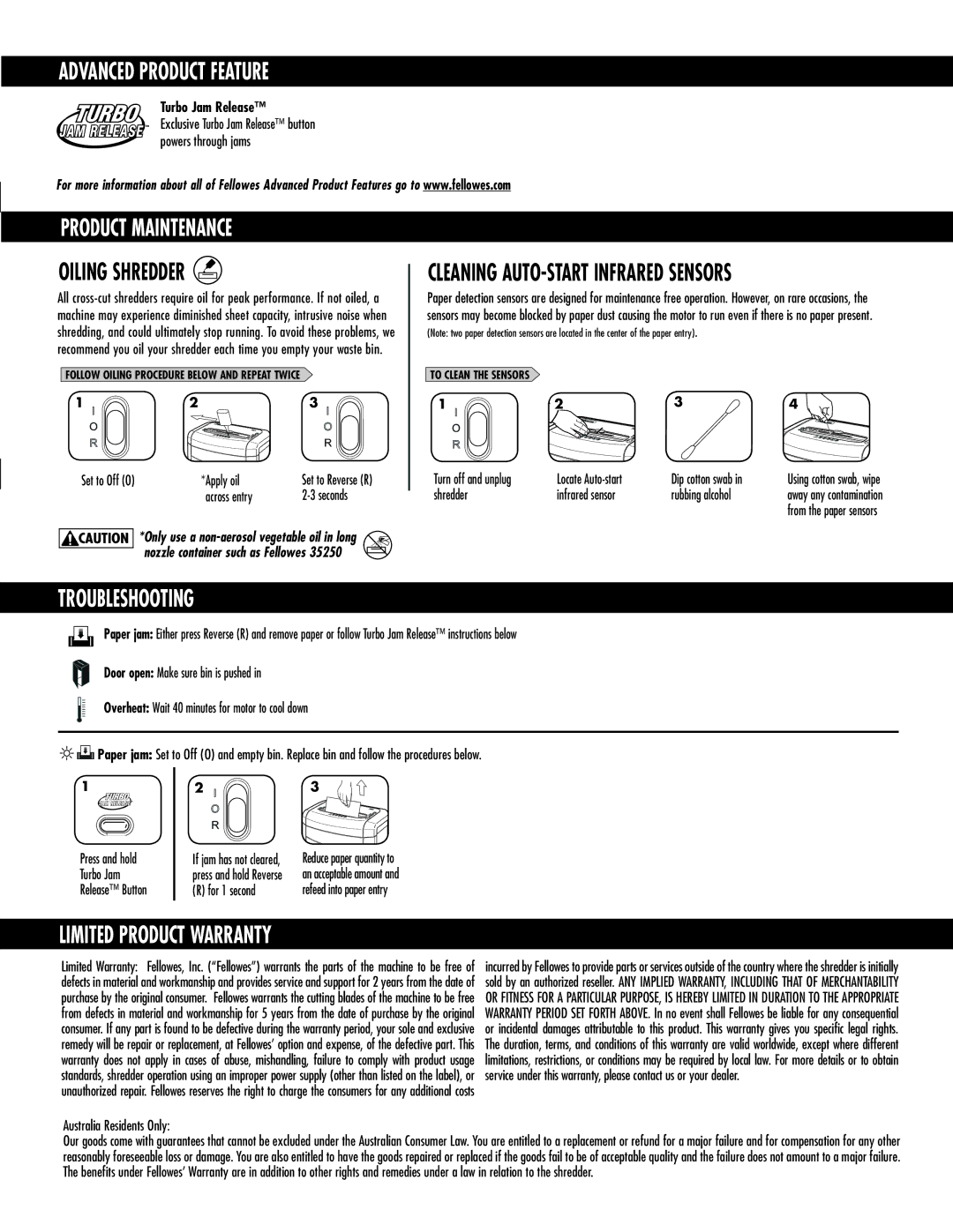 Fellowes 72Ct manual Advanced Product Feature, Product Maintenance, Troubleshooting, Limited Product Warranty 