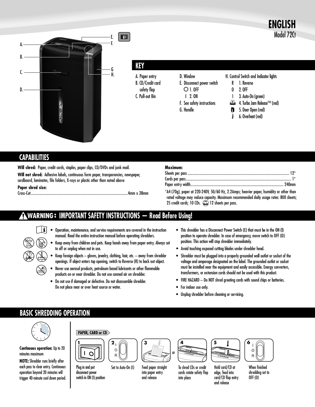 Fellowes 72Ct manual Capabilities, IMPORTANT SAFETY INSTRUCTIONS - Read Before Using, Basic Shredding Operation, English 