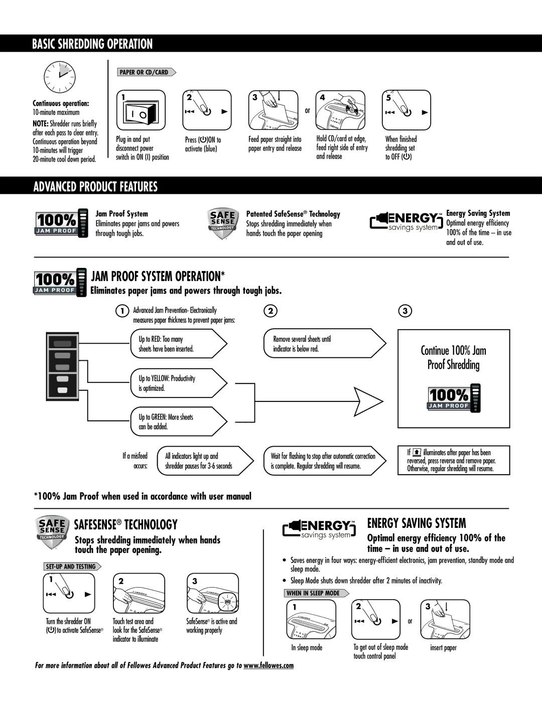 Fellowes 73Ci manual Basic Shredding Operation, JAM Proof System Operation 