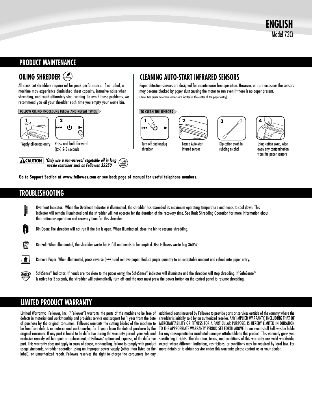 Fellowes 73Ci manual Product Maintenance, Oiling Shredder, Cleaning AUTO-START Infrared Sensors, Troubleshooting 