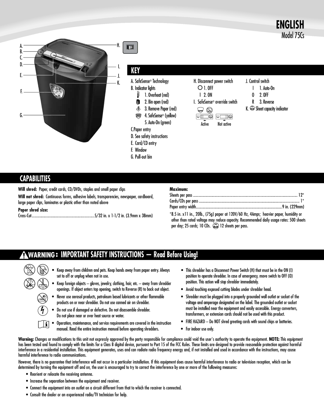 Fellowes 75Cs manual Key, Capabilities, Paper shred size, Maximum 