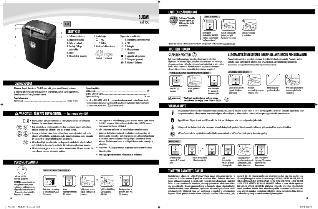 Fellowes 75Cs manual Suomi, Selitykset, Tuotteen Huolto, Ominaisuudet, Vianmääritys 