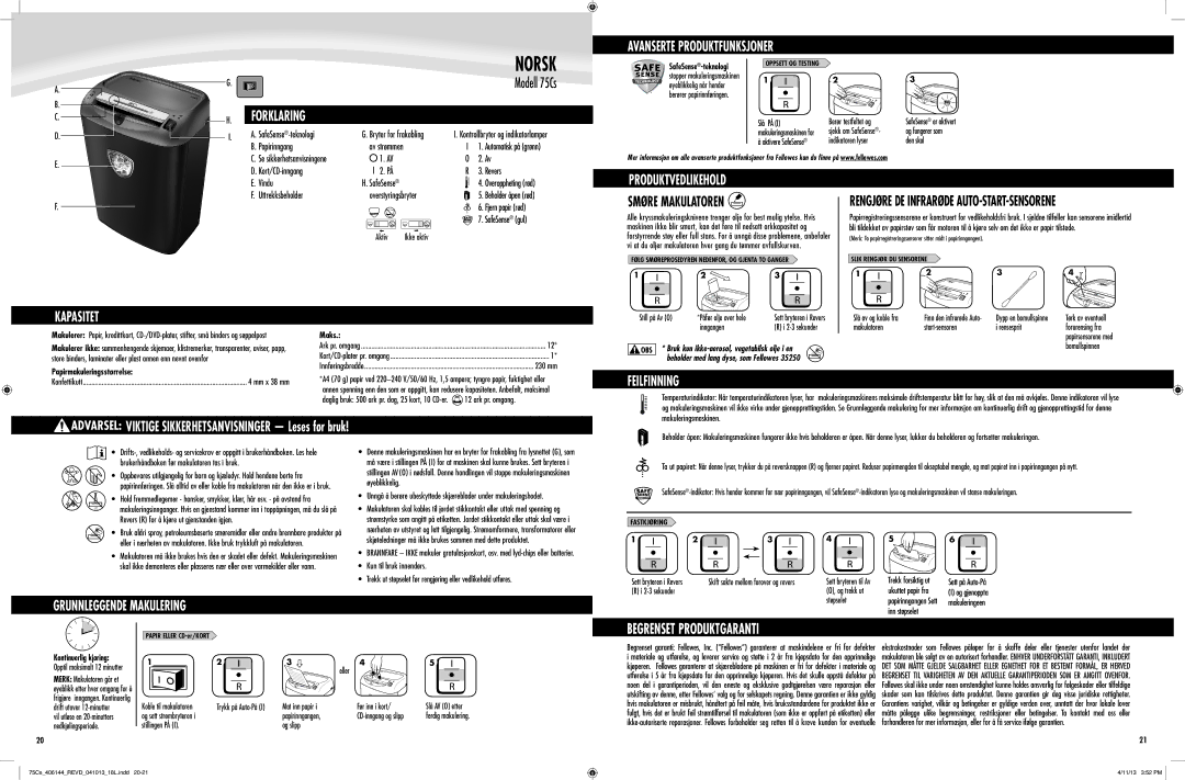 Fellowes 75Cs manual Norsk, Begrenset Produktgaranti 