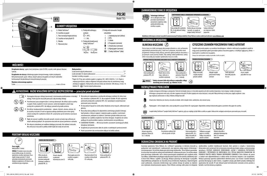 Fellowes 75Cs manual Polski, Ograniczona Gwarancja NA Produkt 