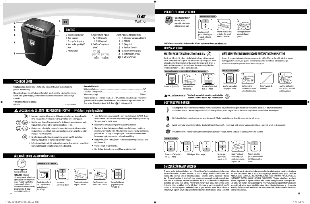 Fellowes 75Cs manual Česky, Omezená Záruka NA Výrobek 