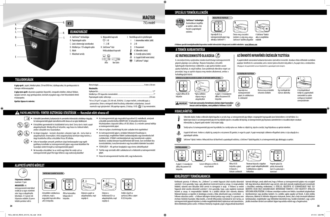 Fellowes 75Cs manual Magyar, Korlátozott Termékgarancia 