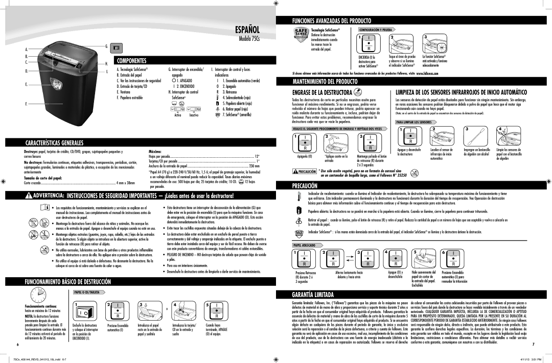 Fellowes 75Cs manual Español, Garantía Limitada 