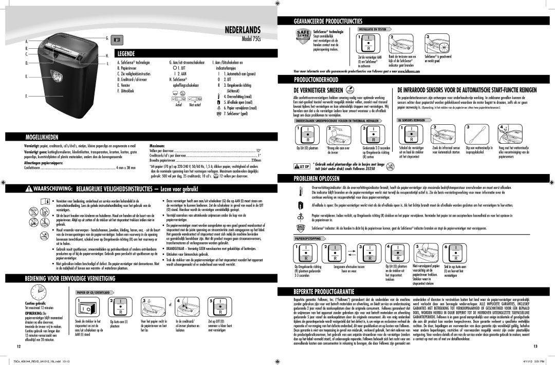 Fellowes 75Cs manual Beperkte Productgarantie, Productonderhoud, Mogelijkheden, Problemen Oplossen 