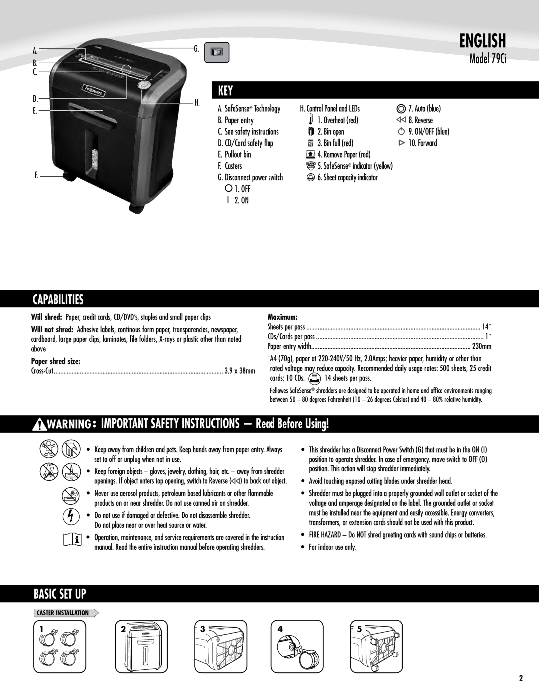 Fellowes 79Ci manual Key, Capabilities, IMPORTANT SAFETY INSTRUCTIONS Read Before Using, Basic SET UP 