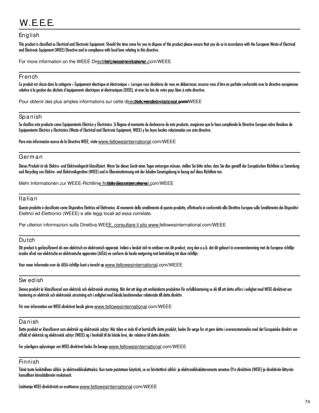 Fellowes 79Ci manual English, French, Spanish, German, Italian, Dutch, Swedish, Danish, Finnish 