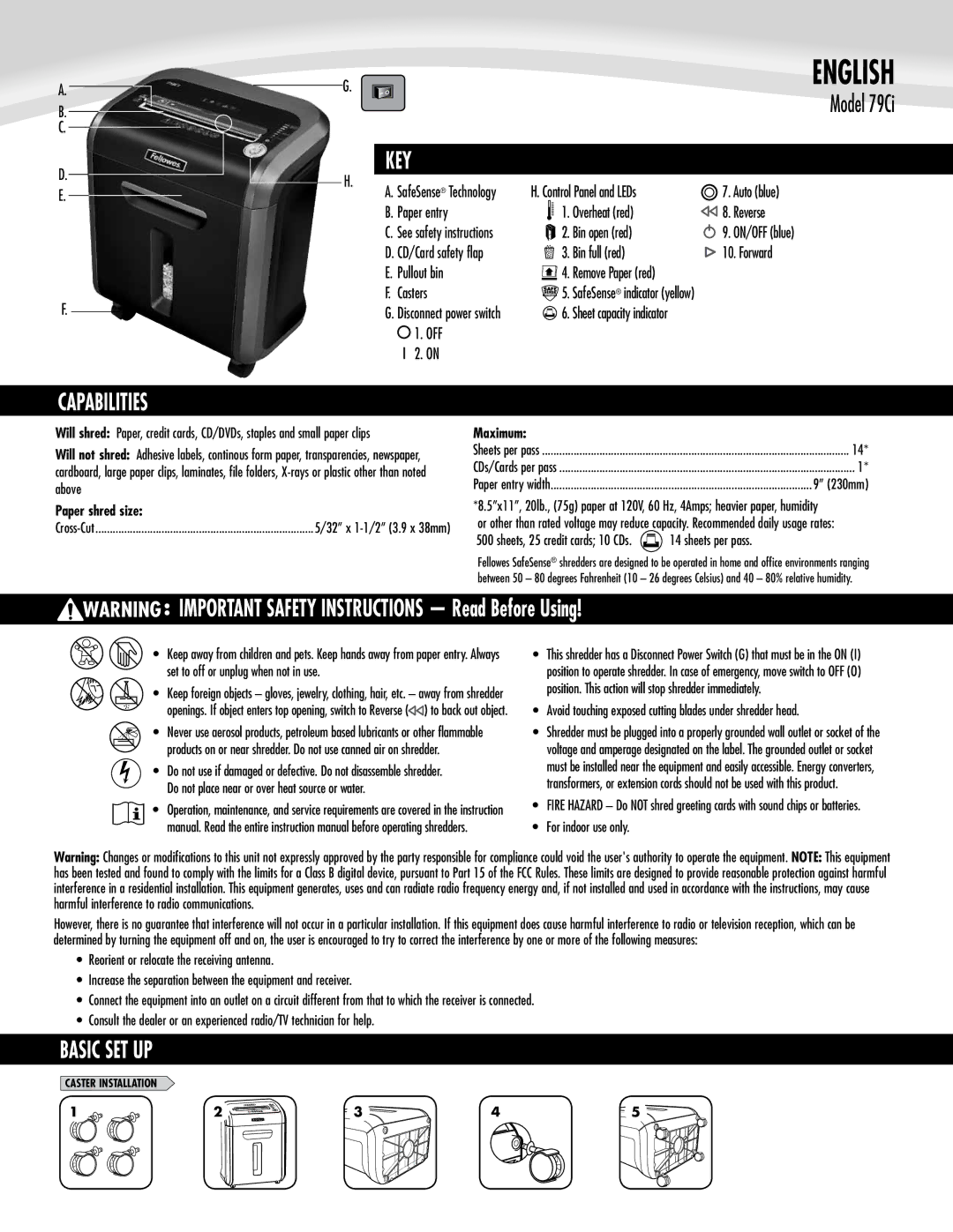 Fellowes 79Ci manual Capabilities, Key, IMPORTANT SAFETY INSTRUCTIONS Read Before Using, Basic SET UP 