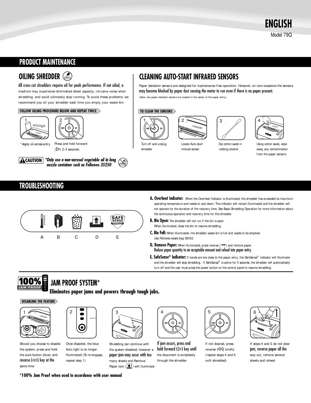 Fellowes 79Ci manual Product Maintenance, Oiling Shredder, Troubleshooting, JAM Proof System, Use Fellowes waste bag 