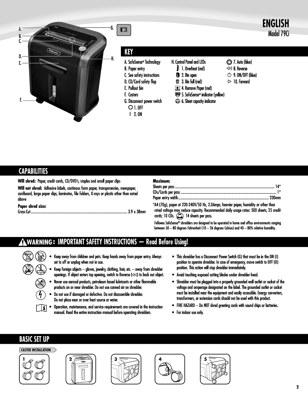 Fellowes manual English, Model 79Ci, Capabilities, IMPORTANT SAFETY INSTRUCTIONS - Read Before Using, Basic Set Up 
