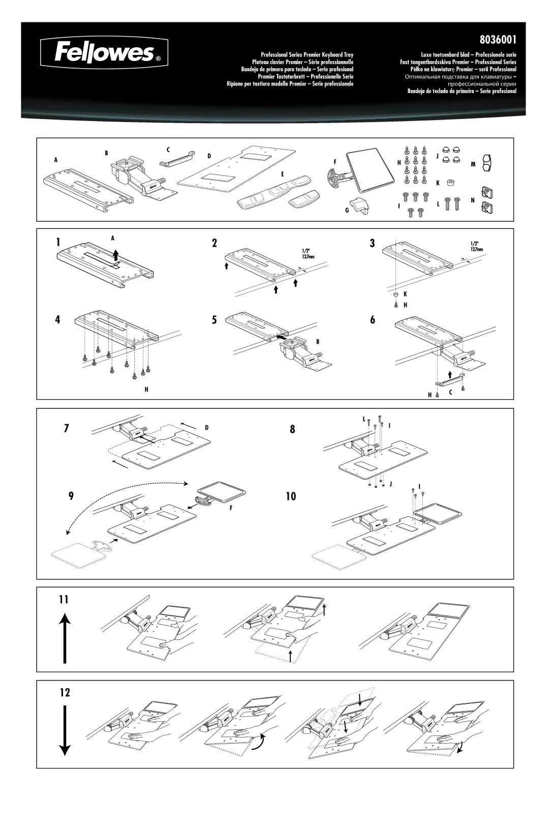 Fellowes 8036001 manual Professional Series Premier Keyboard Tray, Plateau clavier Premier Série professionnelle 