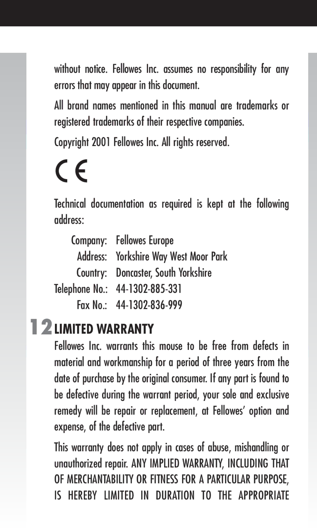 Fellowes 854576 manual 12LIMITED Warranty, Country, 44-1302-885-331, Fax No 44-1302-836-999 