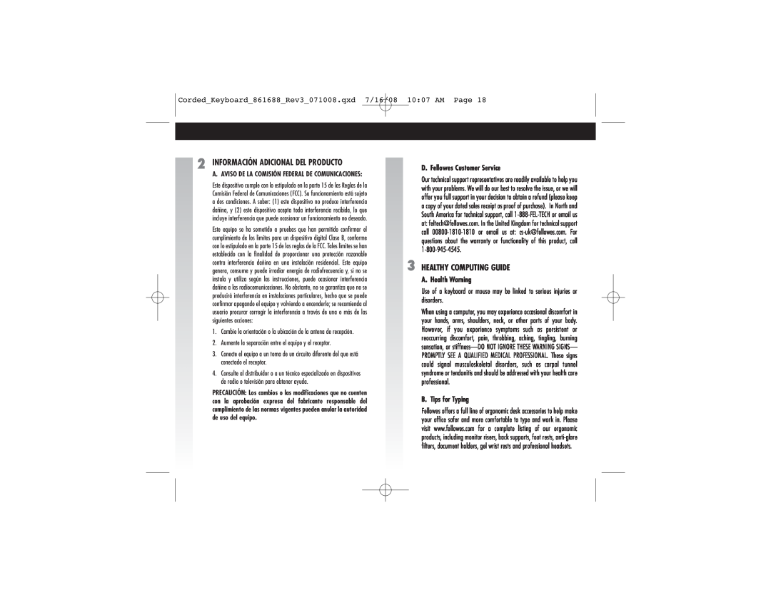 Fellowes 861688 manual Información Adicional Del Producto, Healthy Computing Guide, D. Fellowes Customer Service 