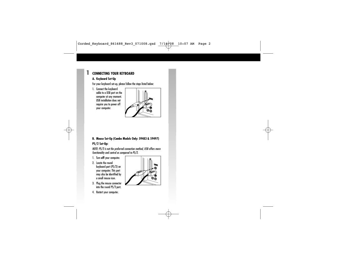 Fellowes 861688 manual Connecting Your Keyboard, Keyboard Set-Up, Mouse Set-Up Combo Models Only 59483 & 59497 PS/2 Set-Up 