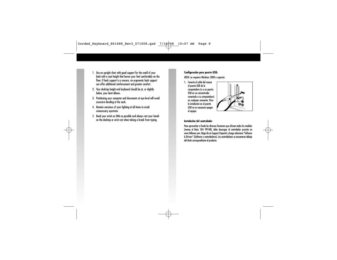 Fellowes 861688 manual Configuración para puerto USB, Instalación del controlador 