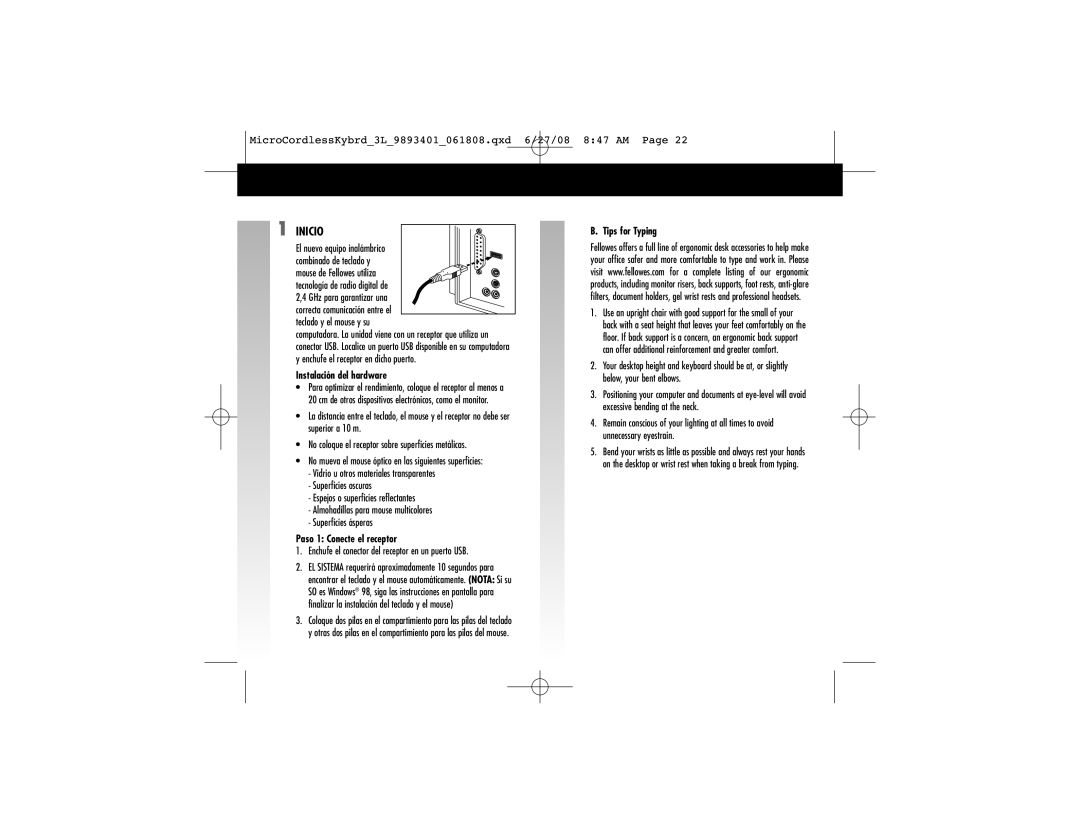 Fellowes 9893401 manual Inicio, Instalación del hardware, Paso 1 Conecte el receptor, Tips for Typing 