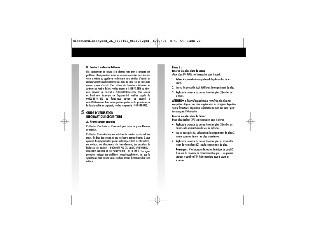 Fellowes 9893401 Guide D’UTILISATION Informatique Sécuritaire, Avertissement sanitaire, Insérez les piles dans le clavier 