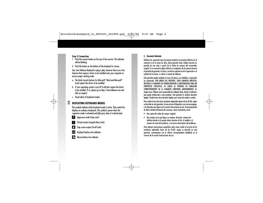 Fellowes 9893401 manual Displaying Keyboard Modes, Connection, Visual alerts of keyboard modes, Garantía limitada 